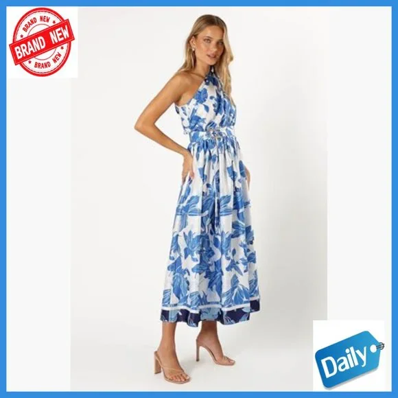 One Shoulder Midi Dress with Elastic Waist, A-Line Silhouette, Polyester